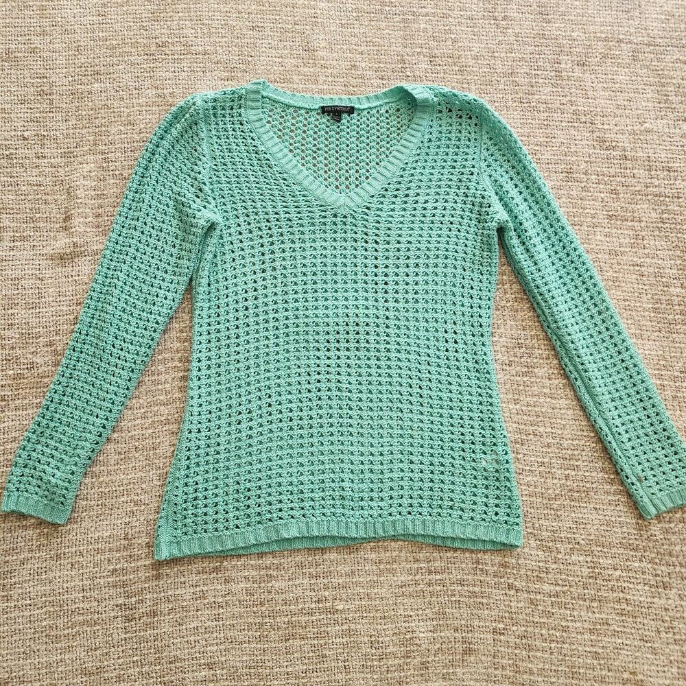 For Cynthia Women's Mint Green Open-Knit Acrylic Pullover Sweater V-Neck L